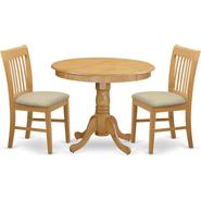 East West Furniture - Set Tavolo Da Pranzo 3 Pezzi In Legno Di Gomma | Tavolo Rotondo E 2 Sedie Imbottite In Lino, Stile Mid-Century