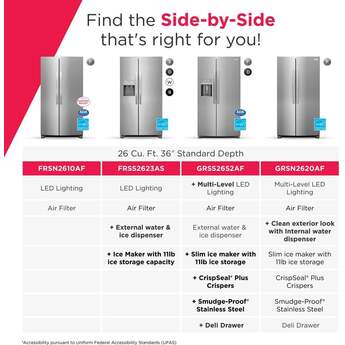 Frigidaire 26 Cu. Ft. Side By Side Refrigerator: Smudge Proof Stainless Steel — thumbnail 3
