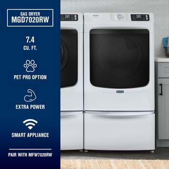 Maytag 27 Inch Smart Pet Pro Front Load Gas Dryer with 7.4 cu. ft. Capacity, Steam Cycle, Quick Dry, Remote Start, Drum Light, and Advanced Moisture Sensing and Energy Star Certified: White — thumbnail 49