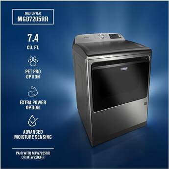 Maytag 27 Inch Smart Gas Top Load Dryer with 7.4 cu ft. Total Capacity, 13 Dryer Cycles, 5 Temperature Settings, Pet Pro Option, Sanitize Cycle, and Quick Dry Cycle: Classic Silver — thumbnail 18