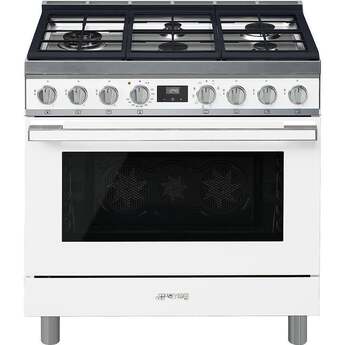 Smeg Portofino Pro Style 36" White Dual Fuel (Gas) Slide-In Sealed Burner Range - Convection