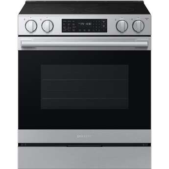 Samsung 30 Inch Slide-In Electric Smart Range with 5 Elements, 6.3 cu. ft. True Convection Oven, 12"/9" Dual Element, Storage Drawer, No-Preheat Air Fry Max, Self & Steam Clean, ADA Compliant, and Energy Star?: Stainless Steel