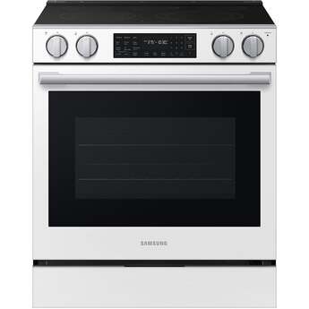 Samsung 30 Inch Slide-In Electric Smart Range with 5 Elements, 6.3 cu. ft. True Convection Oven, 12"/9" Dual Element, Storage Drawer, No-Preheat Air Fry Max, Self & Steam Clean, ADA Compliant, and Energy Star?: White Glass