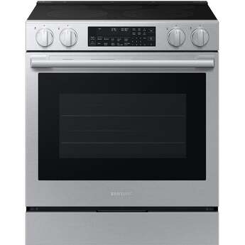 Samsung 30 Inch Slide-In Electric Smart Range with 5 Elements, 6.3 cu. ft. True Convection Oven, Express Boil?, Storage Drawer, No-Preheat Air Fry Max, Self & Steam Clean, ADA Compliant, and Energy Star?: Stainless Steel