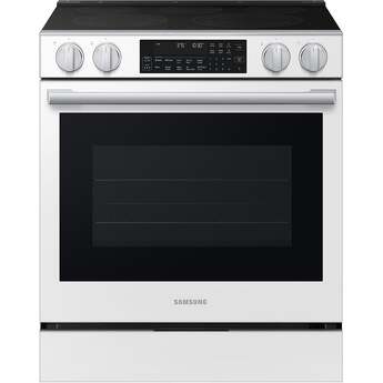 Samsung 30 Inch Slide-In Electric Smart Range with 5 Elements, 6.3 cu. ft. True Convection Oven, Express Boil?, Storage Drawer, No-Preheat Air Fry Max, Self & Steam Clean, ADA Compliant, and Energy Star?: White Glass