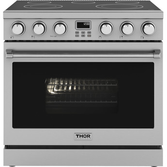 Thor ARE Series 36 Inch Freestanding Professional Electric Range with 5 Elements, 6 cu. ft. Oven Capacity, Black Glass Top, LED Display Screen, and Convection Fan: Stainless Steel