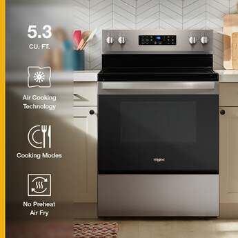 Whirlpool 30 Inch Freestanding Electric Range with 5 Radiant Elements, 5.3 cu. ft. Convection Oven, FlexHeat™ Dual Elements, Storage Drawer, Air Cooking, Steam Clean, ENERGY STAR®, and Star K: Fingerprint-Resistant Black Stainless Steel — thumbnail 2