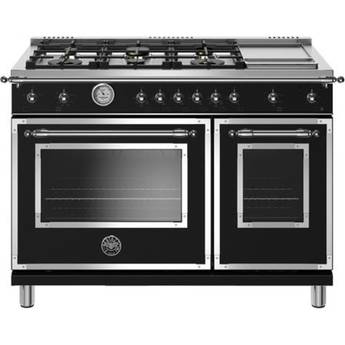 Bertazzoni Heritage Series 48" Matte Black Natural Gas Sealed Burner Double Oven Range with Electric Griddle - Convection