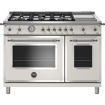 Bertazzoni HERT486GGASAVTLP Heritage Series 48 Inch Ivory Gloss Bisque Gas Convection Double Oven Freestanding Range