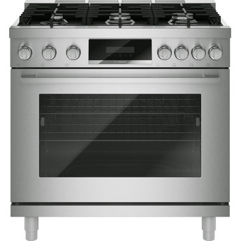 Bosch 36 Inch Freestanding Gas Range with 6 Sealed Burners, 5.6 cu. ft. Oven Capacity, Continuous Cast Iron Grates, Dishwasher Safe Grates, Illuminated Knobs, QuietClose®, Telescopic Rack, Third Heating Element, Broil Mode, and ADA Compliant: Stainless Steel