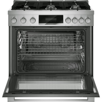 Bosch 36 Inch Freestanding Gas Range with 6 Sealed Burners, 5.6 cu. ft. Oven Capacity, Continuous Cast Iron Grates, Dishwasher Safe Grates, Illuminated Knobs, QuietClose®, Telescopic Rack, Third Heating Element, Broil Mode, and ADA Compliant: Stainless Steel — thumbnail 2