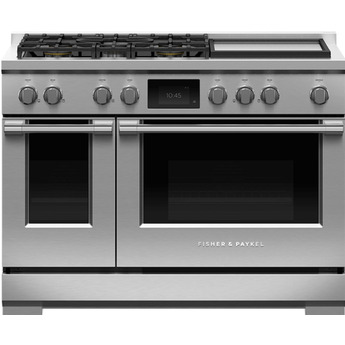 Fisher Paykel Series 9 Professional 48" Stainless Steel Dual Fuel (Natural Gas) Self Clean Double Oven Sealed 5-burner Range with Griddle - Convection
