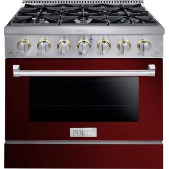 Forte FGR366BBG14 36 Inch Natural Gas, All Gas Freestanding Range with Brass Trim, in Burgundy