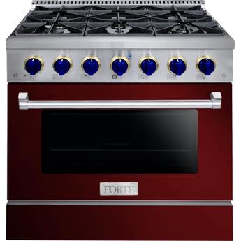 Forte FGR366BBG34 36 Inch Natural Gas, All Gas Freestanding Range with Brass Trim, in Burgundy