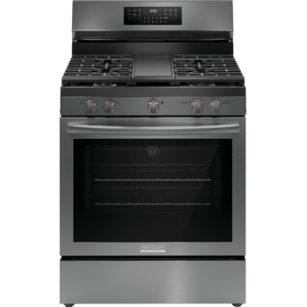Frigidaire 30 Inch Freestanding Gas Range with 5 Sealed Burners, 5.1 cu. ft. Convection Oven, Quick Boil Burner, Griddle, Storage Drawer, No Preheat + Air Fry, and Self Clean: Black Stainless Steel