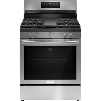 Frigidaire 30 Inch Freestanding Gas Range with 5 Sealed Burners, 5.1 cu. ft. Convection Oven, Quick Boil Burner, Griddle, Storage Drawer, No Preheat + Air Fry, and Self Clean: Stainless Steel