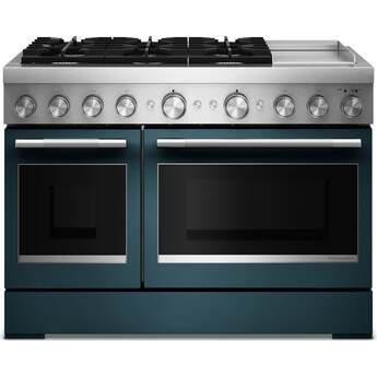 KitchenAid 48 Freestanding Dual Fuel Range with 6 Sealed Burners, Double Oven, 6.3 Cu. Ft. Total Capacity, Integrated Chrome Electric Griddle, Convertible Grates, Self-Clean, Even-Heat™ True Convection, Flame-Sensing™ Re-ignition, SatinGlide® Rack, Ultra Power™ Dual-Flame Burners, Sabbath Mode and Star-K Certified: Agave