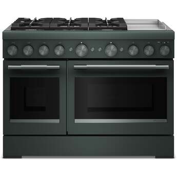 KitchenAid 48 Freestanding Dual Fuel Range with 6 Sealed Burners, Double Oven, 6.3 Cu. Ft. Total Capacity, Integrated Chrome Electric Griddle, Convertible Grates, Self-Clean, Even-Heat™ True Convection, Flame-Sensing™ Re-ignition, SatinGlide® Rack, Ultra Power™ Dual-Flame Burners, Sabbath Mode and Star-K Certified: Juniper