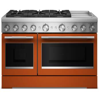 KitchenAid 48 Freestanding Dual Fuel Range with 6 Sealed Burners, Double Oven, 6.3 Cu. Ft. Total Capacity, Integrated Chrome Electric Griddle, Convertible Grates, Self-Clean, Even-Heat™ True Convection, Flame-Sensing™ Re-ignition, SatinGlide® Rack, Ultra Power™ Dual-Flame Burners, Sabbath Mode and Star-K Certified: Scorched Orange