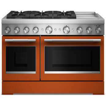 KitchenAid 48 Freestanding Dual Fuel Range with 6 Sealed Burners, Double Oven, 6.3 Cu. Ft. Total Capacity, Integrated Chrome Electric Griddle, Convertible Grates, Self-Clean, Even-Heat™ True Convection, Flame-Sensing™ Re-ignition, SatinGlide® Rack, Ultra Power™ Dual-Flame Burners, Sabbath Mode and Star-K Certified: Scorched Orange — thumbnail 2