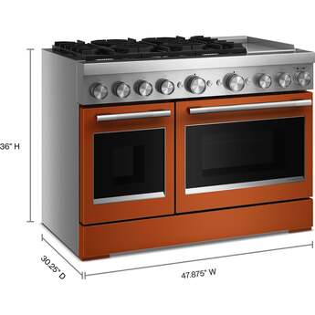 KitchenAid 48 Freestanding Dual Fuel Range with 6 Sealed Burners, Double Oven, 6.3 Cu. Ft. Total Capacity, Integrated Chrome Electric Griddle, Convertible Grates, Self-Clean, Even-Heat™ True Convection, Flame-Sensing™ Re-ignition, SatinGlide® Rack, Ultra Power™ Dual-Flame Burners, Sabbath Mode and Star-K Certified: Scorched Orange — thumbnail 3