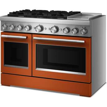 KitchenAid 48 Freestanding Dual Fuel Range with 6 Sealed Burners, Double Oven, 6.3 Cu. Ft. Total Capacity, Integrated Chrome Electric Griddle, Convertible Grates, Self-Clean, Even-Heat™ True Convection, Flame-Sensing™ Re-ignition, SatinGlide® Rack, Ultra Power™ Dual-Flame Burners, Sabbath Mode and Star-K Certified: Scorched Orange — thumbnail 5