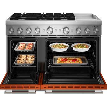 KitchenAid 48 Freestanding Dual Fuel Range with 6 Sealed Burners, Double Oven, 6.3 Cu. Ft. Total Capacity, Integrated Chrome Electric Griddle, Convertible Grates, Self-Clean, Even-Heat™ True Convection, Flame-Sensing™ Re-ignition, SatinGlide® Rack, Ultra Power™ Dual-Flame Burners, Sabbath Mode and Star-K Certified: Scorched Orange — thumbnail 7