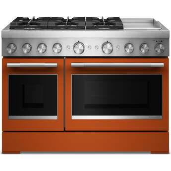 KitchenAid 48 Freestanding Dual Fuel Range with 6 Sealed Burners, Double Oven, 6.3 Cu. Ft. Total Capacity, Integrated Chrome Electric Griddle, Convertible Grates, Self-Clean, Even-Heat™ True Convection, Flame-Sensing™ Re-ignition, SatinGlide® Rack, Ultra Power™ Dual-Flame Burners, Sabbath Mode and Star-K Certified: Scorched Orange — thumbnail 8