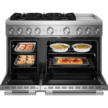 KitchenAid 48 Freestanding Dual Fuel Range with 6 Sealed Burners, Double Oven, 6.3 Cu. Ft. Total Capacity, Integrated Chrome Electric Griddle, Convertible Grates, Self-Clean, Even-Heat™ True Convection, Flame-Sensing™ Re-ignition, SatinGlide® Rack, Ultra Power™ Dual-Flame Burners, Sabbath Mode and Star-K Certified: Stainless Steel — thumbnail 7