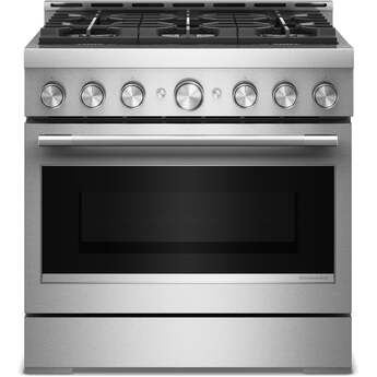 KitchenAid 36 Inch Freestanding Commercial-Style Gas Range with 6 Sealed Burners, 5.1 cu. ft. Oven Capacity, Even-Heat™ True Convection, Self-Cleaning, Ultra Power™ Dual-Flame Burners, No Preheat, Air Fry, Sabbath Mode, and Star-K Certified: Stainless Steel