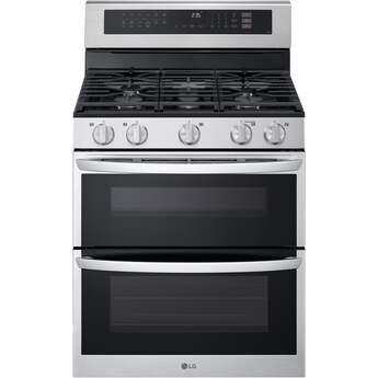 LG 30 Inch Double Gas Oven Range with 5 Sealed Burners, 6.9 cu. ft. Total Capacity, ProBake Convection, Air Fry, Delay Bake, EasyClean, SmoothTouch® Glass Controls, UltraHeat Power Element, and ENERGY STAR® Certified: Stainless Steel