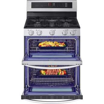 LG 30 Inch Double Gas Oven Range with 5 Sealed Burners, 6.9 cu. ft. Total Capacity, ProBake Convection, Air Fry, Delay Bake, EasyClean, SmoothTouch® Glass Controls, UltraHeat Power Element, and ENERGY STAR® Certified: Stainless Steel — thumbnail 3