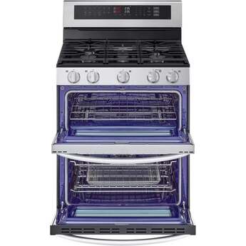 LG 30 Inch Double Gas Oven Range with 5 Sealed Burners, 6.9 cu. ft. Total Capacity, ProBake Convection, Air Fry, Delay Bake, EasyClean, SmoothTouch® Glass Controls, UltraHeat Power Element, and ENERGY STAR® Certified: Stainless Steel — thumbnail 4