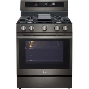 LG 30 Inch Freestanding Smart Gas Range with 5 Sealed Burners, 6.3 cu. ft. ProBake Convection® Oven, UltraHeat™ Burner, Storage Drawer, Air Fry, Sabbath Mode, InstaView®, and EasyClean®: Black Stainless Steel