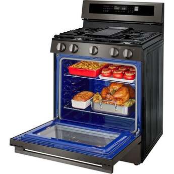LG 30 Inch Freestanding Smart Gas Range with 5 Sealed Burners, 6.3 cu. ft. ProBake Convection® Oven, UltraHeat™ Burner, Storage Drawer, Air Fry, Sabbath Mode, InstaView®, and EasyClean®: Black Stainless Steel — thumbnail 8