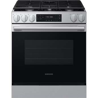 Samsung 30 Inch Slide-In Gas Smart Range with 5 Sealed Burners, 6.0 cu. ft. Convection Oven, 17K BTU Power Burner, Griddle, Storage Drawer, No-Preheat Air Fry Max, Self Clean, and ADA Compliant: Stainless Steel
