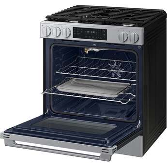 Samsung 30 Inch Slide-In Gas Smart Range with 5 Sealed Burners, 6.0 cu. ft. Convection Oven, 17K BTU Power Burner, Griddle, Storage Drawer, No-Preheat Air Fry Max, Self Clean, and ADA Compliant: Stainless Steel — thumbnail 4