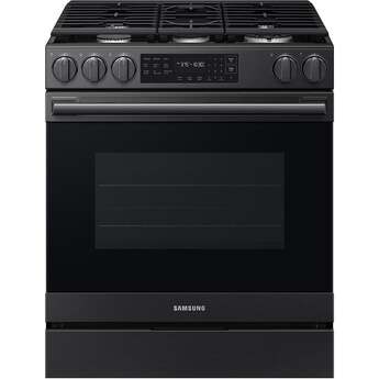 Samsung 30 Inch Slide-In Gas Smart Range with 5 Sealed Burners, 6.0 cu. ft. True Convection Oven, 18K BTU Dual Ring Burner, Griddle, Storage Drawer, No-Preheat Air Fry Max, Self Clean, and ADA Compliant: Matte Black Steel