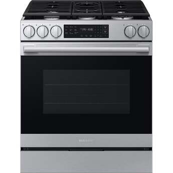 Samsung 30 Inch Slide-In Gas Smart Range with 5 Sealed Burners, 6.0 cu. ft. True Convection Oven, 18K BTU Dual Ring Burner, Griddle, Storage Drawer, No-Preheat Air Fry Max, Self Clean, and ADA Compliant: Stainless Steel