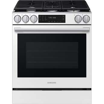 Samsung 30 Inch Slide-In Gas Smart Range with 5 Sealed Burners, 6.0 cu. ft. True Convection Oven, 18K BTU Dual Ring Burner, Griddle, Storage Drawer, No-Preheat Air Fry Max, Self Clean, and ADA Compliant: White Glass
