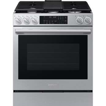 Samsung 30 Inch Slide-In Gas Smart Range with 5 Sealed Burners, 6.0 cu. ft. True Convection Oven, 23K BTU Dual Ring Burner, Reversible Griddle, Storage Drawer, No-Preheat Air Fry Max, Self Clean, and ADA Compliant: Stainless Steel