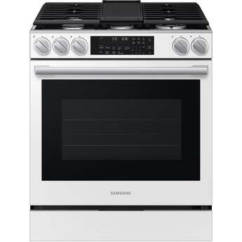 Samsung 30 Inch Slide-In Gas Smart Range with 5 Sealed Burners, 6.0 cu. ft. True Convection Oven, 23K BTU Dual Ring Burner, Reversible Griddle, Storage Drawer, No-Preheat Air Fry Max, Self Clean, and ADA Compliant: White Glass