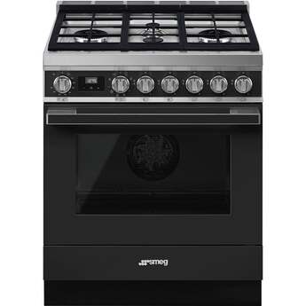 Smeg Portofino 30" Matte Black Freestanding Dual Fuel Natural Gas Sealed Burner Range