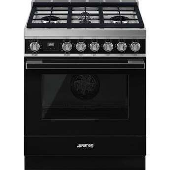 Smeg Portofino 30" Black Freestanding Dual Fuel Natural Gas Sealed Burner Range