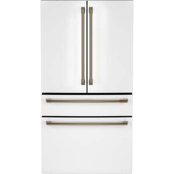 Cafe 36 Inch Counter-Depth Freestanding 4-Door French Door Smart Refrigerator with 23.2 cu. ft. Total Capacity, Dual-Dispense AutoFill Pitcher, TwinChill? Dual Evaporators, Convertible Drawer, Sabbath Mode, OU/CRC Certified and ENERGY STAR Certified: Matte White