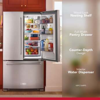 KitchenAid 36 Inch Freestanding Counter-Depth French Door Refrigerator with 20 Cu. Ft. Total Capacity, Interior Water Dispenser, Ice Maker, Spill-Resistant Framed Shelves, Wood-Look Nesting Shelf, Ultra-Bright LED Lighting, ExtendFresh? Temperature Management System and ENERGY STAR Certified: PrintShield? Stainless Steel — thumbnail 25
