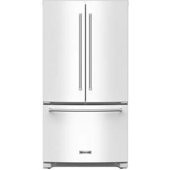 KitchenAid 36 Inch Freestanding Counter-Depth French Door Refrigerator with 20 Cu. Ft. Total Capacity, Interior Water Dispenser, Ice Maker, Spill-Resistant Framed Shelves, Wood-Look Nesting Shelf, Ultra-Bright LED Lighting, ExtendFresh™ Temperature Management System and ENERGY STAR® Certified: White