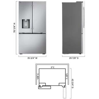 LG 36 Inch 24 Cu.Ft. 3 Door French Door Counter Depth Max Refrigerator, Ice And Water, Zero Clearance Doors: Printproof Stainless Steel — thumbnail 2