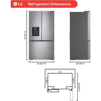 LG 36 Inch 26 Cu.Ft. 3 Door French Door Counter Depth Max Refrigerator, Ice And Water: Stainless Steel — thumbnail 3