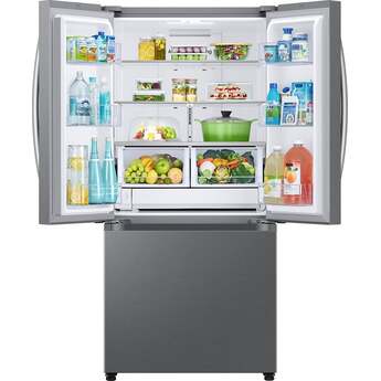 Samsung 33 Inch Freestanding 3-Door French Door Refrigerator with 25 cu. ft. Total Capacity, Slide-in Shelf, Power Cool & Power Freeze, Auto Ice Maker, AI Energy Mode, Wi-Fi, ADA Compliant, and Energy Star Rated: Fingerprint Resistant Stainless Steel — thumbnail 3
